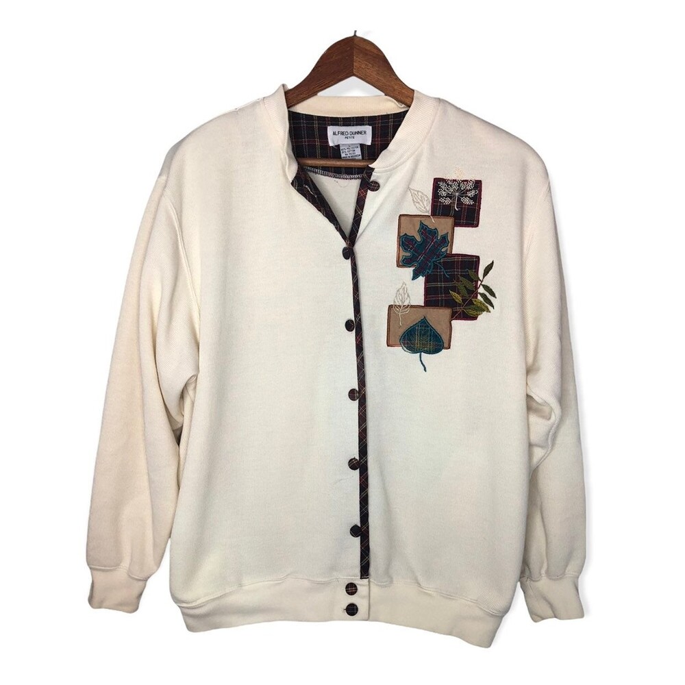 Alfred Dunner Petite Vintage 90’s Cream Plaid Ribbed Holiday Button Down Sweater